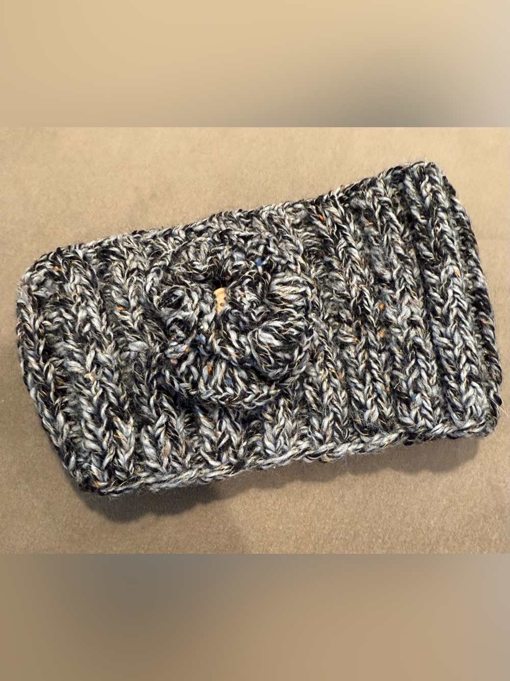 Scala Gray Marled Knit Headband with Flower Accent and Button Closure